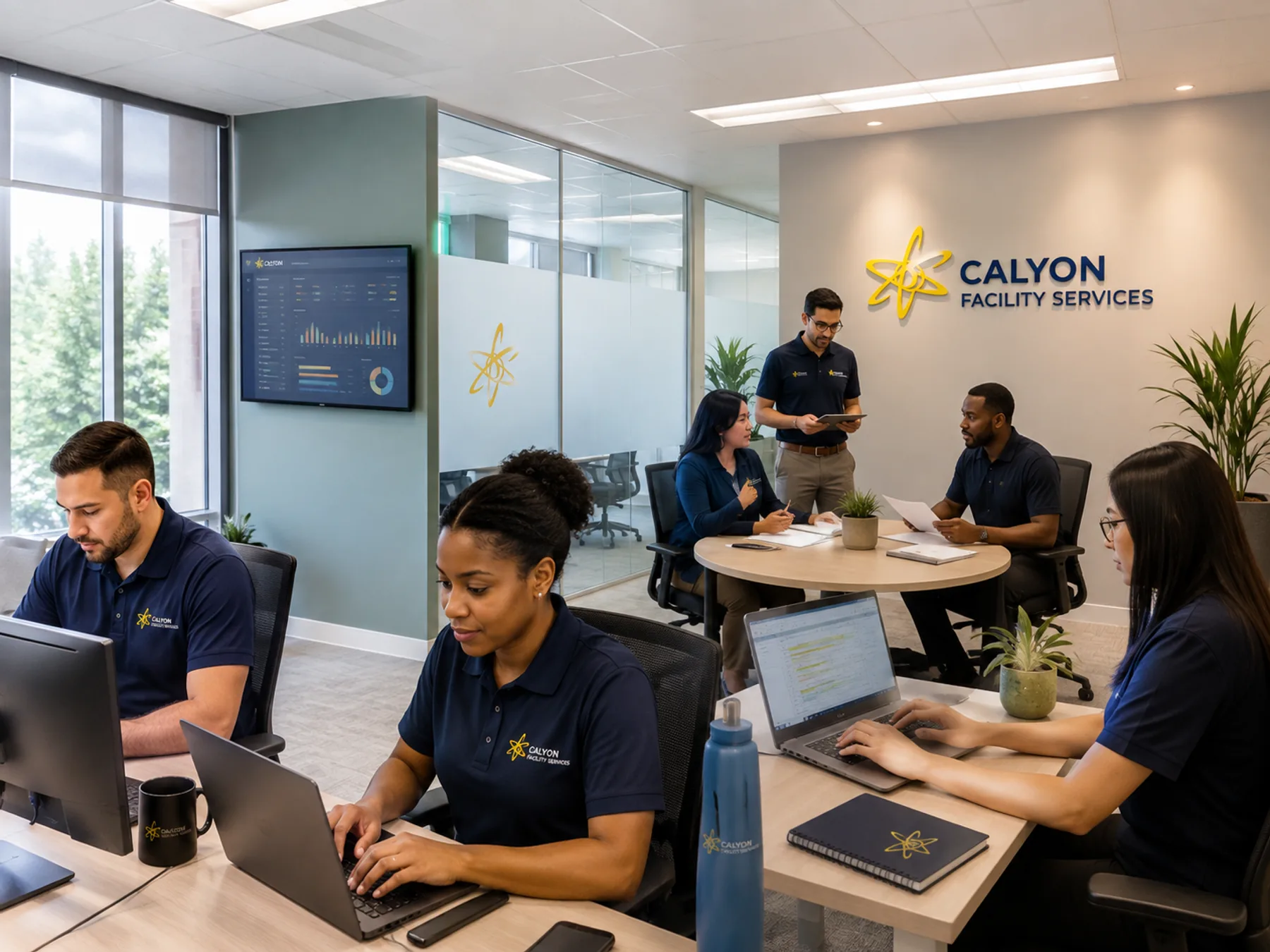 Calyon Facility Services team members working at desks and reviewing a performance dashboard in the office