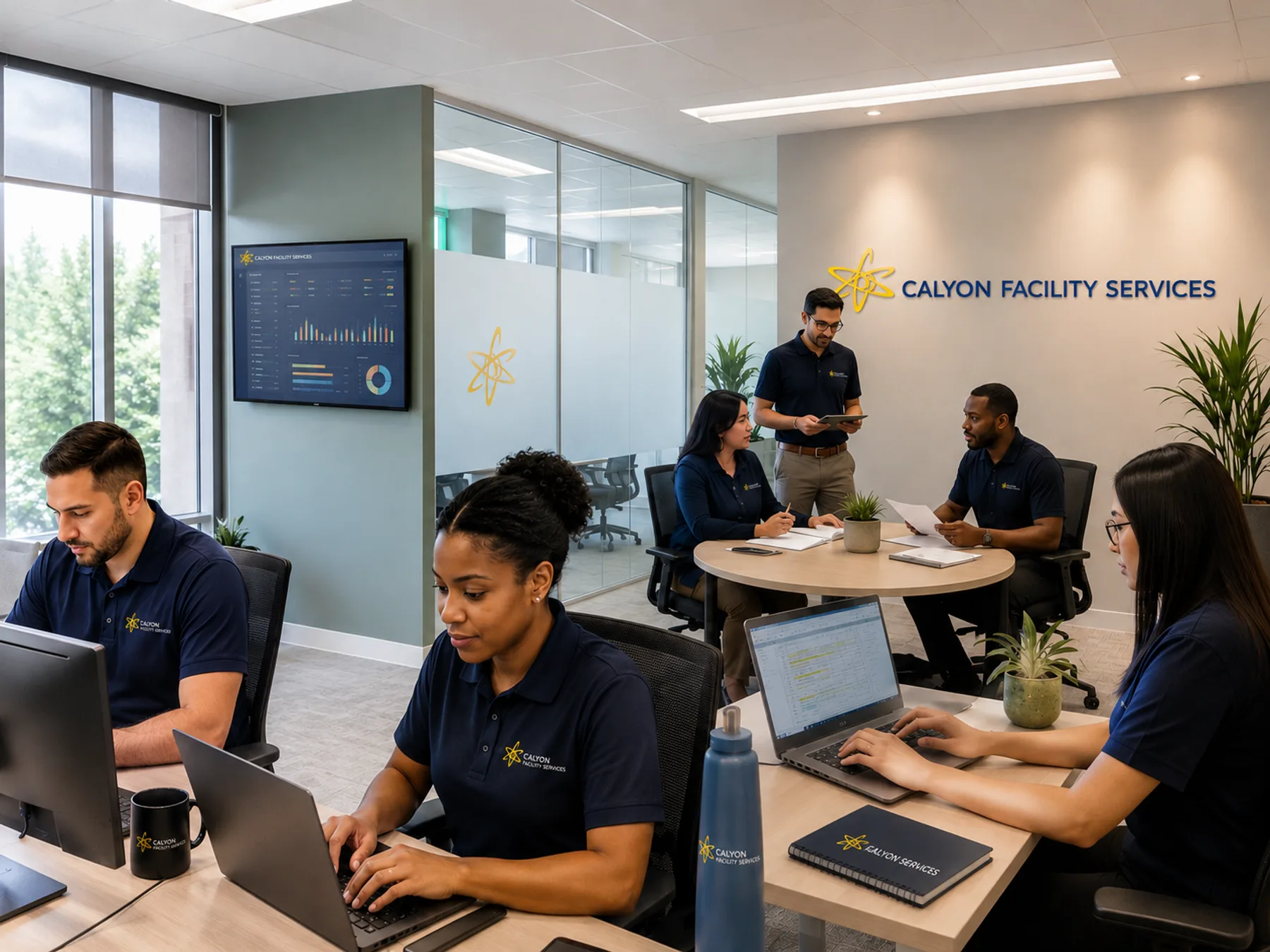 Calyon Facility Services team members working at desks and in a meeting, reviewing a performance dashboard in the office