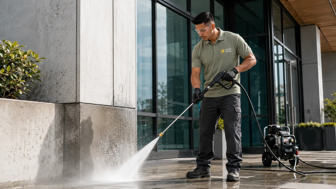 Calyon technician pressure washing a commercial building exterior wall