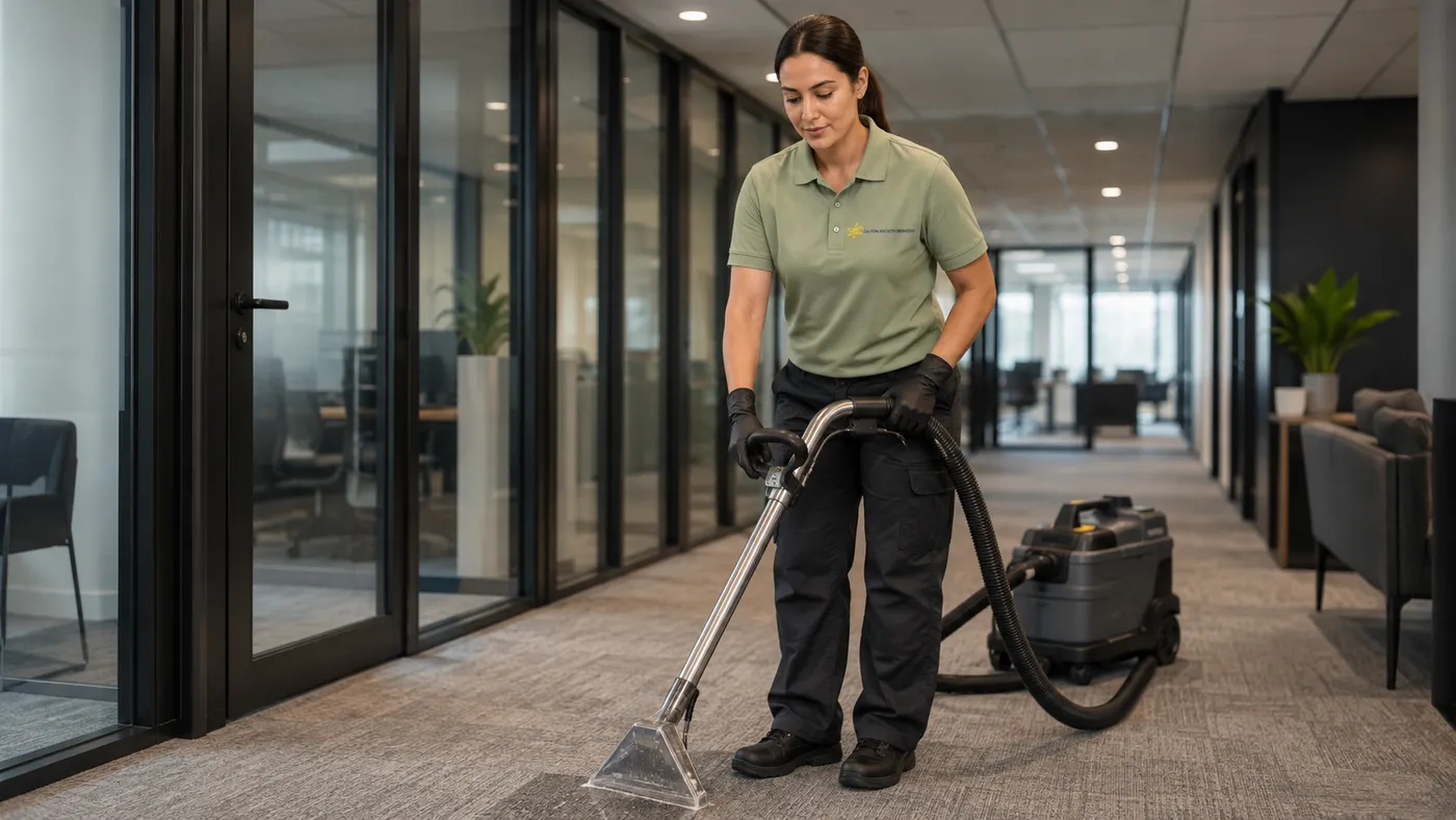 Calyon cleaner using a carpet extraction machine in an office corridor