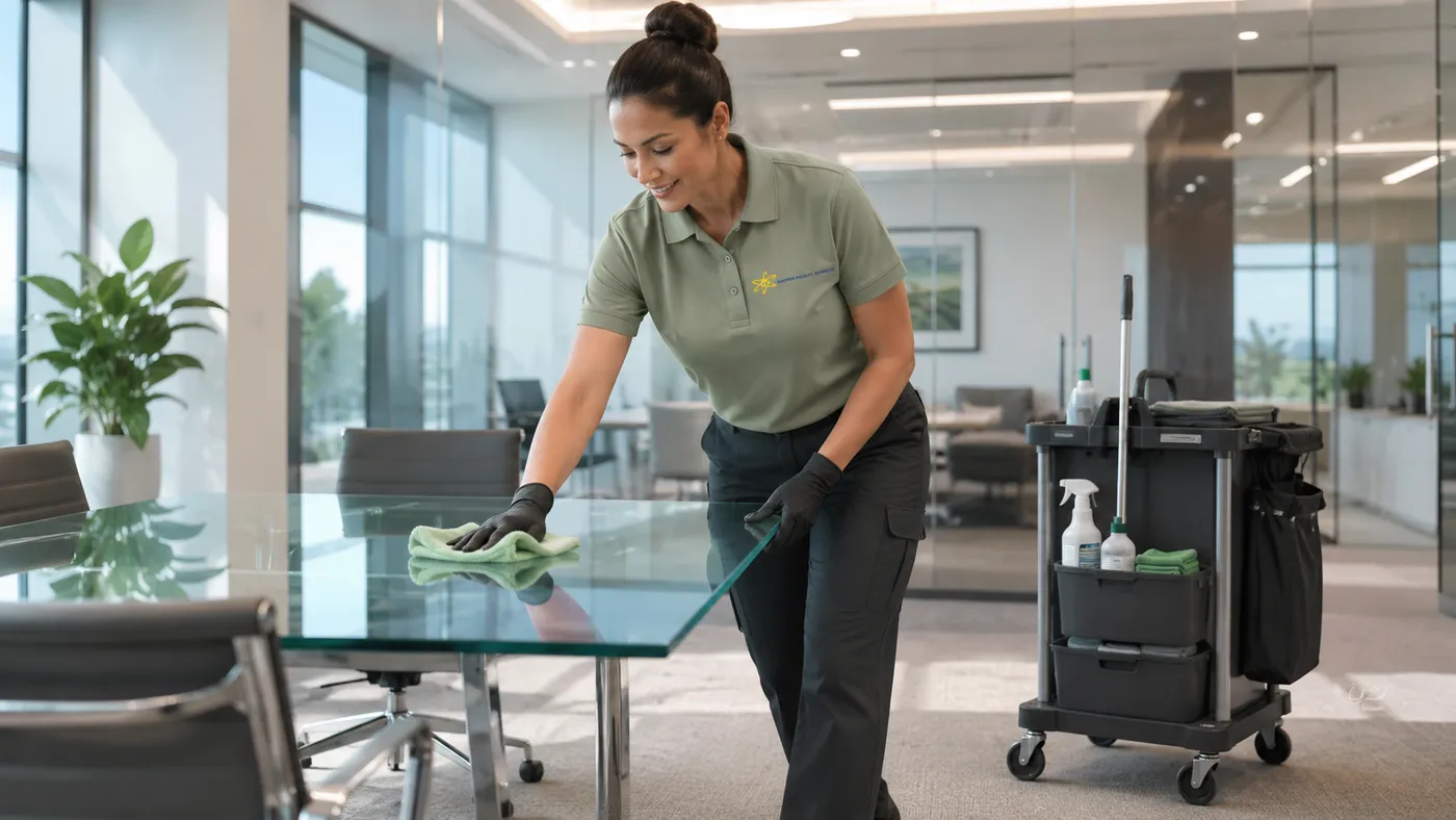 Calyon cleaner wiping down a glass boardroom table in a modern office