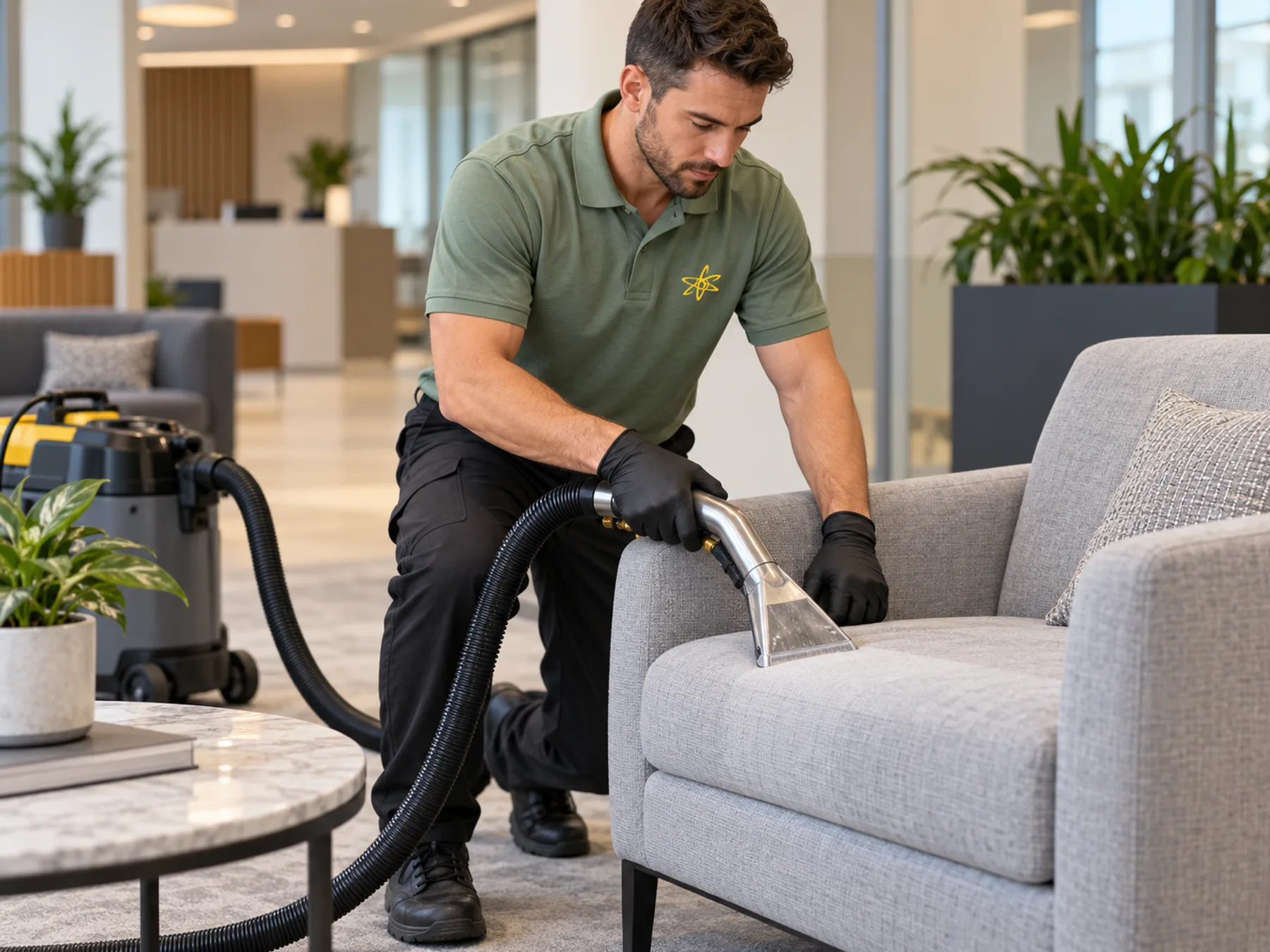 Calyon technician using an upholstery extraction tool on an armchair in a commercial lobby