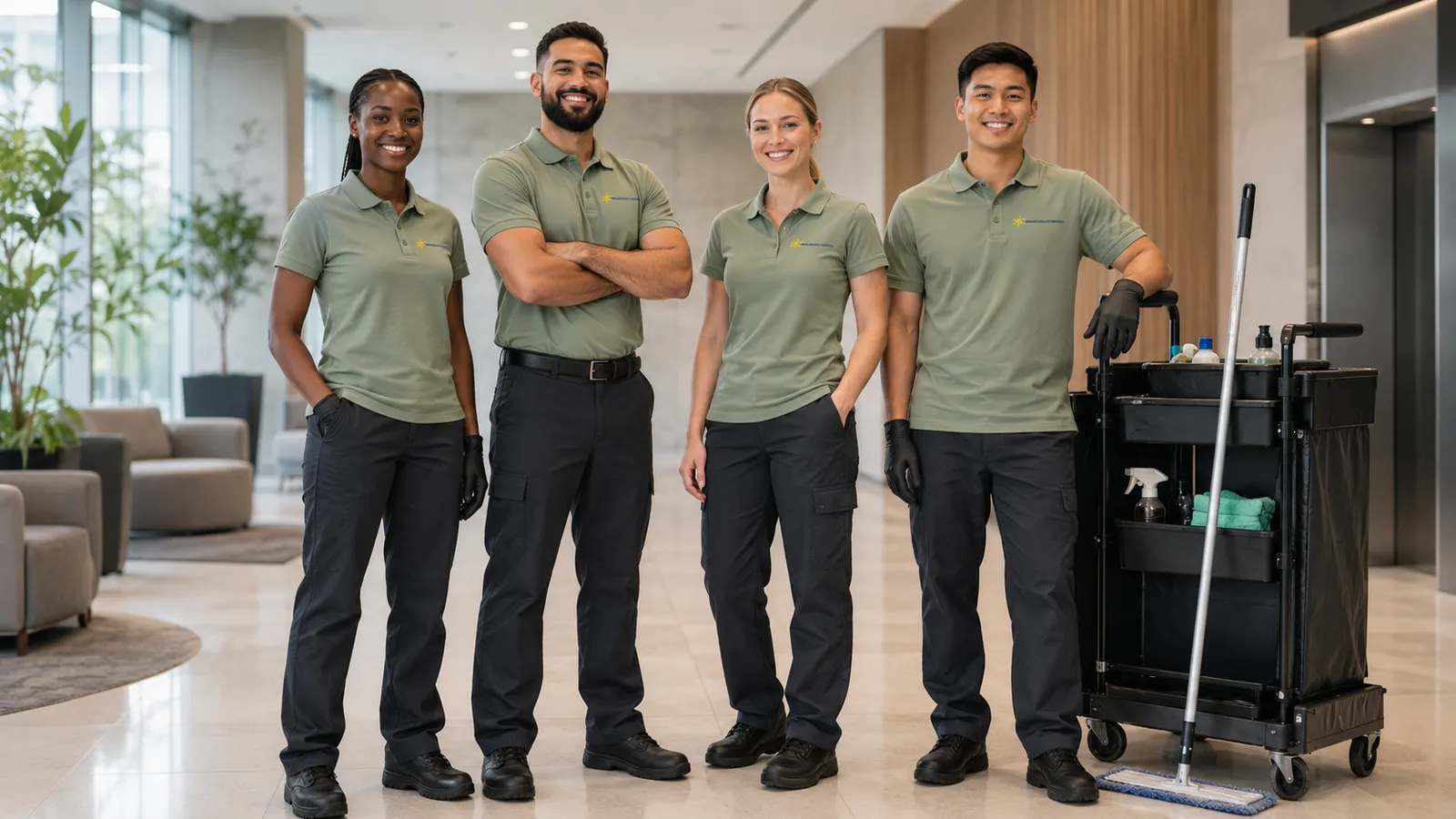 Four Calyon Facility Services team members with a cleaning cart in a commercial lobby